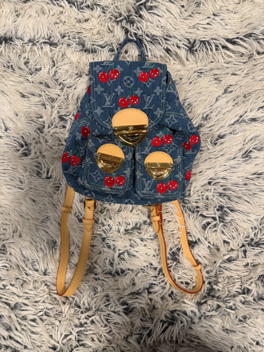 Denim Cherry Small Backpack Bag - Picture 2 of 6